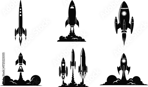 Rocket launch silhouette vector set, space shuttle clipart, spaceship takeoff icons, retro rocket illustration, space exploration design elements pack