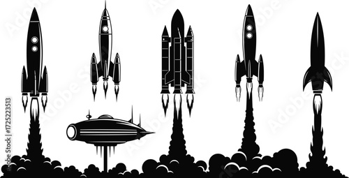 Rocket ship silhouettes, space shuttle vector icons, spaceship launch illustrations, retro rocket graphics, futuristic spacecraft designs, outer space exploration elements