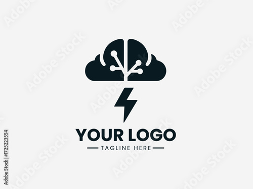 Dynamic brain storm vector logo with lightning bolts and cloud for creative agency branding