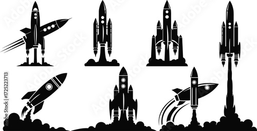 Rocket silhouette set, space shuttle vector, spaceship clipart bundle, astronaut rocket launch graphics, space exploration illustration, sci-fi rocket design