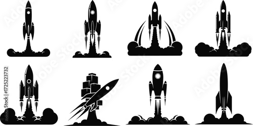 Rocket silhouette set, spaceship vector icons, space shuttle clipart, astronaut launch graphics, futuristic spacecraft design, cosmic exploration illustration pack