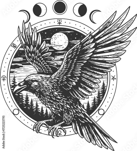 Mystical raven with moon phases vector tattoo silhouette