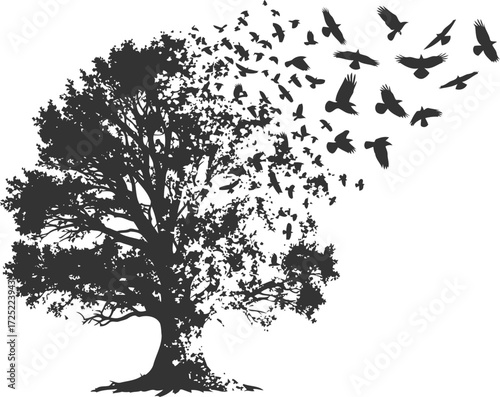 Tree silhouette with birds flying away vector silhouette