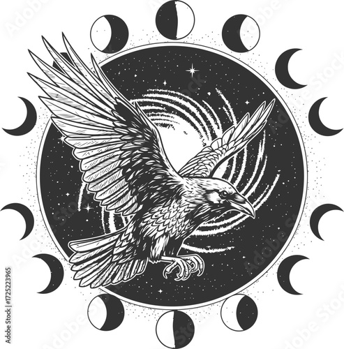 Mystical raven with moon phases vector tattoo silhouette