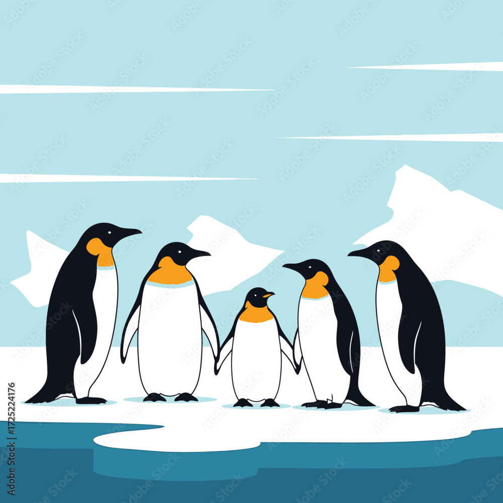Fototapeta premium Charming penguin family gathers on icy landscape with majestic snowy mountains under a crisp blue sky