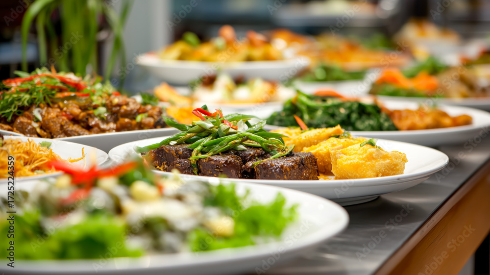 Obraz premium An array of delicious, colorful dishes lined up, showcasing diverse flavors and culinary artistry, appetizing.