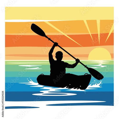 Dynamic silhouette of a kayaker paddling at sunset with vibrant colorful sky over serene ocean waves, capturing adventure and freedom.