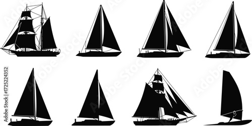 Sailing ship silhouette set, yacht vector icons, sailboat clipart, maritime vessel design pack, ocean travel graphics, regatta illustration collection