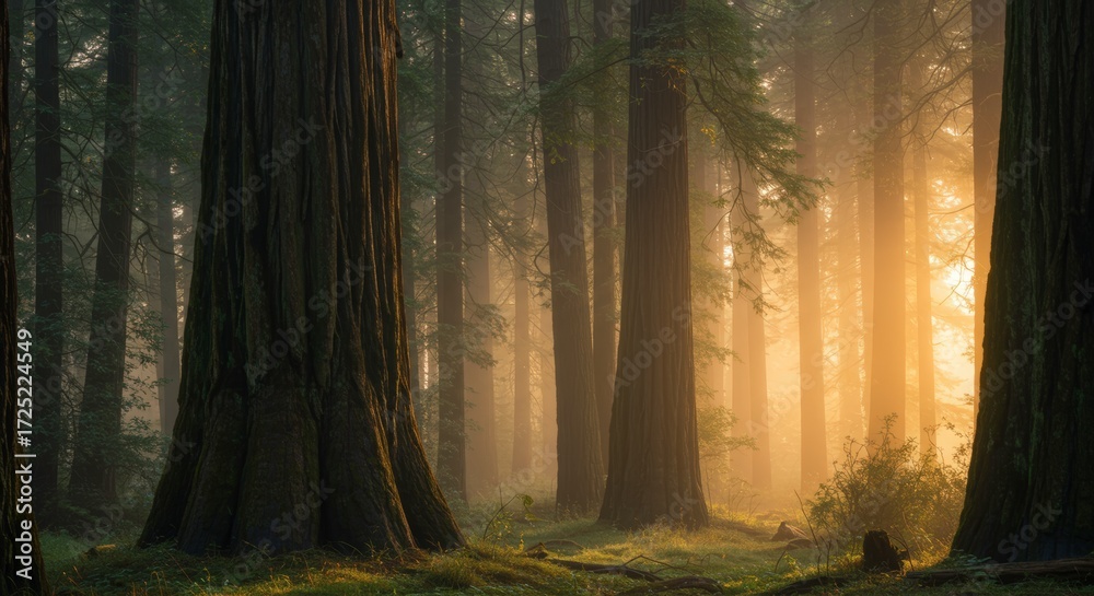 Fototapeta premium Sunlight filtering through giant redwood trees
