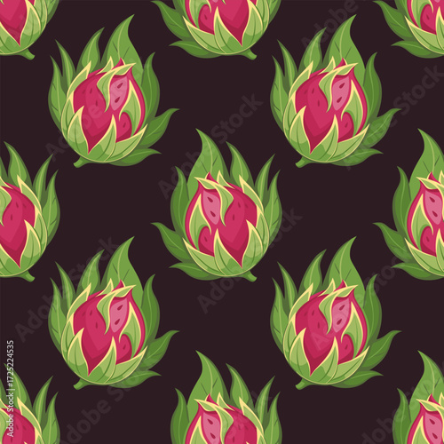 Seamless pattern with dragon fruit. Pitaya seamless pattern. Tropical fruit background.