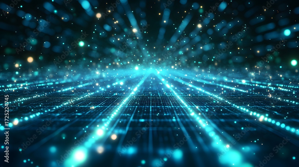 Naklejka premium A dynamic digital landscape, illuminated by vibrant turquoise light streams, reveals a network of interconnected pathways.