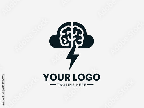 Dynamic brain storm vector logo with lightning bolts and cloud for creative agency branding