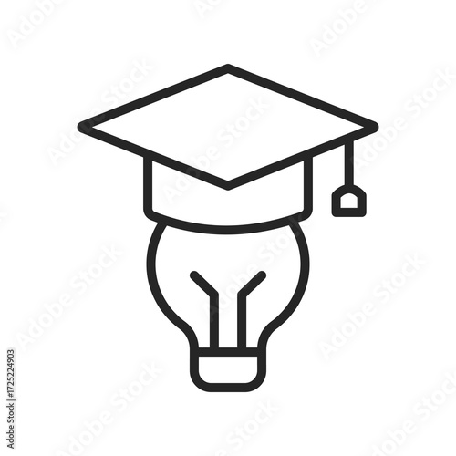 Clean vector line icon of a light bulb wearing a graduation cap, ideal for representing creative learning, academic success, and educational innovation