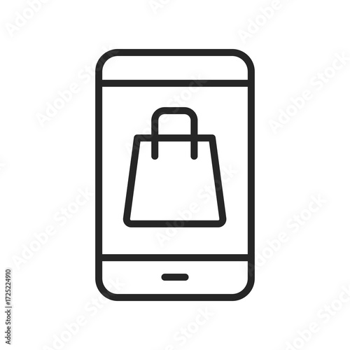 Clean vector line icon of a mobile phone with a shopping bag, ideal for illustrating mobile shopping, ecommerce apps, and digital retail platforms