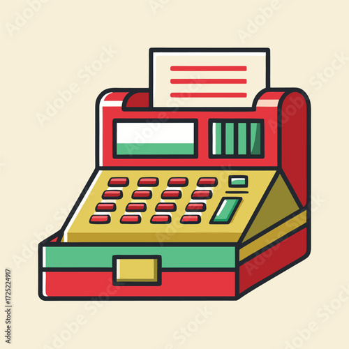 Icon of a cash register with a receipt printing out, representing retail sales, transaction, money, purchase, accounting, and business finance easily.