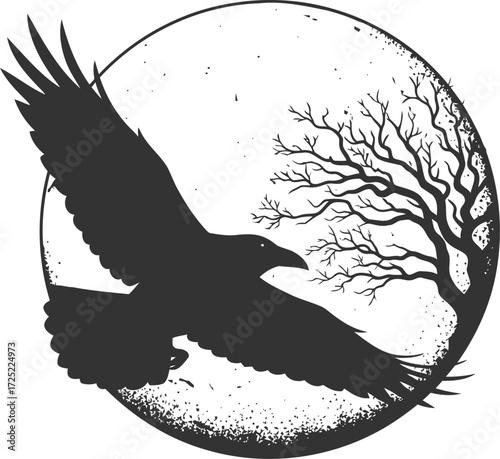Raven and full moon silhouette vector logo