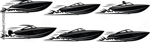 Speed boat silhouette vector set, motorboat clipart, fast watercraft icons, racing boat illustrations for marine, nautical, and sport design