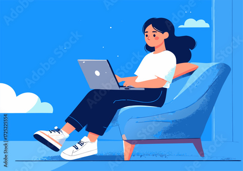 Woman Working with Laptop on Sofa Vector