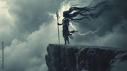 Majestic Lord Shiva Stands on Cliff Amidst Lightning Storm, Holding Trident