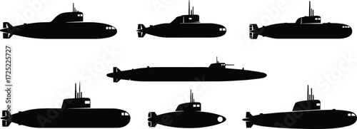 Submarine silhouette vector set, navy submarine clipart, underwater military vessel icons for ocean warship design, naval engineering, and maritime defense