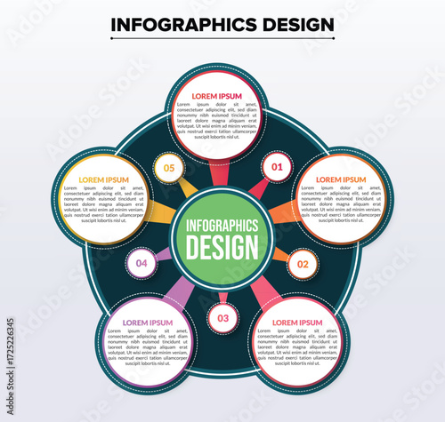 Colorful Circular Multipurpose Infographic Vector Template with 5 Steps for Business, Education & Data Visualization