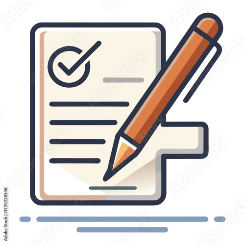 Icon of a fountain pen writing a checkmark on a paper document, representing signing, approval, completion, agreement, legal contract, and success easily.
