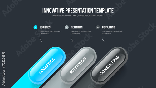Modern Showcase 3 Option Diagram Slide Layout. Advertising Strategy Slideshow Template Vector Illustration. Enterprise Report Three Step Infographic Presentation Design.