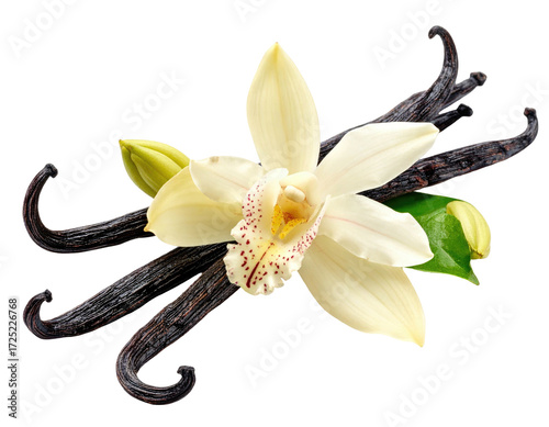 Close-up of vanilla orchid flower and pods