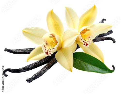 Two pale yellow orchids with dark maroon accents rest on dark brown vanilla beans