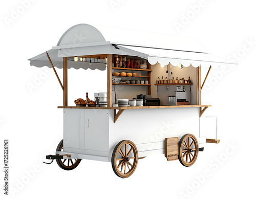 White food cart with awning and wooden accents, displaying various food items