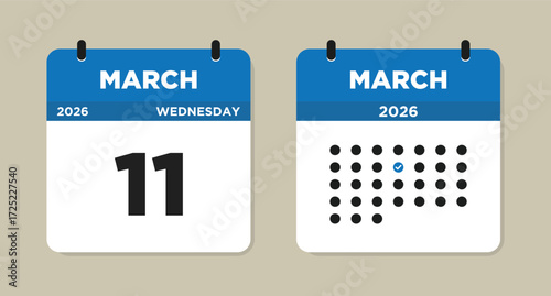 March 11 2026 Wednesday Calendar Vector Illustration. 11 March calendar page. Day calendar with date March 11. Week Starts on Sunday. Checklist day calendar. Modern Calendar template icon