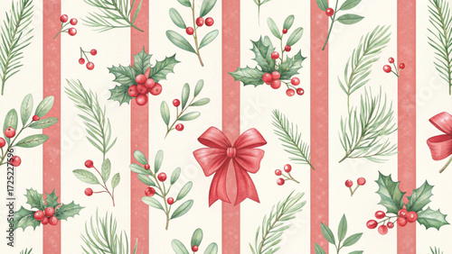 Seamless Christmas pattern, elegant red ribbon bows with holly leaves and clusters of red berries