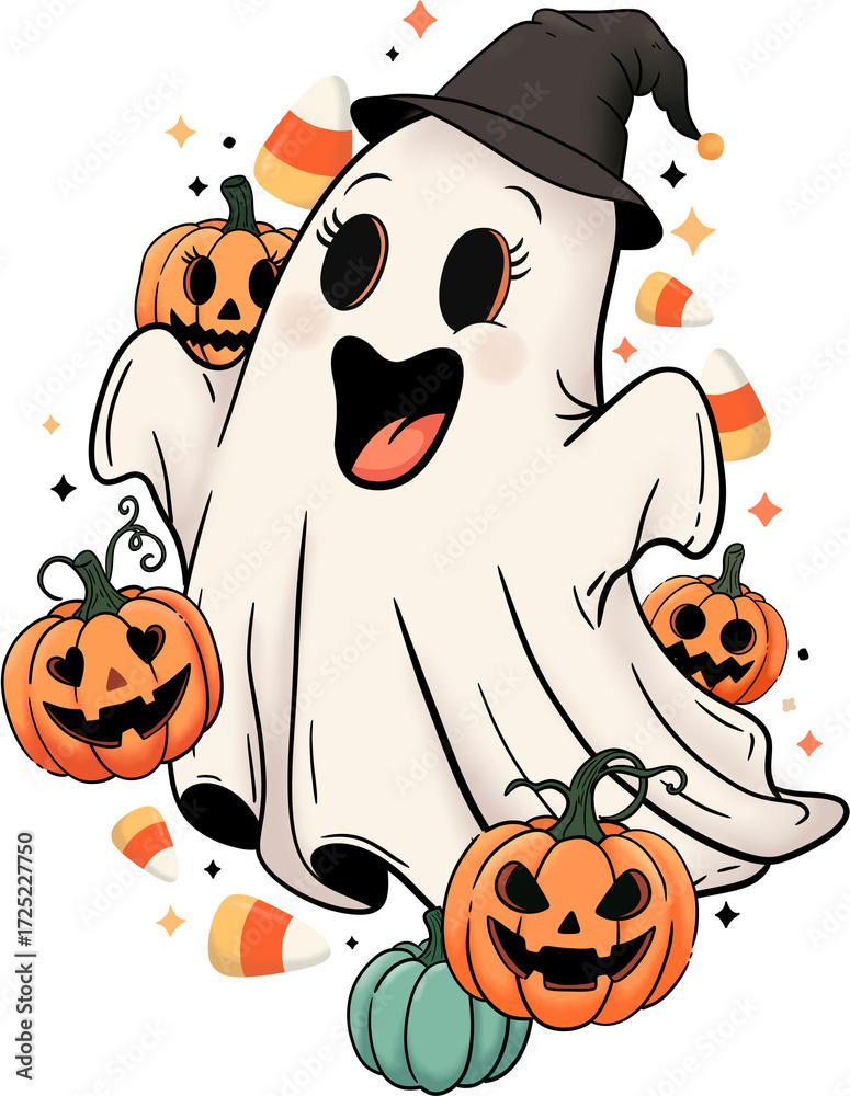 Fototapeta premium A happy and cute Halloween ghost with pumpkins and candy corn.