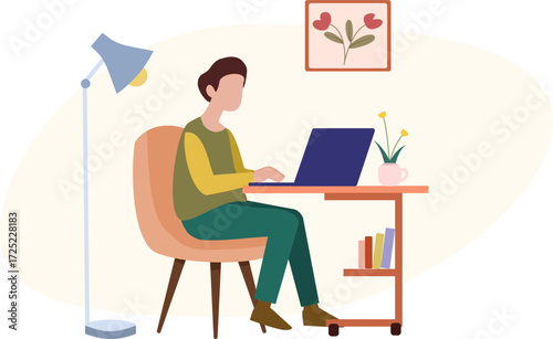 Simple Illustration Man Working on Laptop at Home Interior Scene