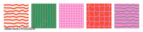 Set of Abstract seamless patterns with colorful wavy shapes and lines. Pink, red and green colors. Trendy vector illustration in style retro