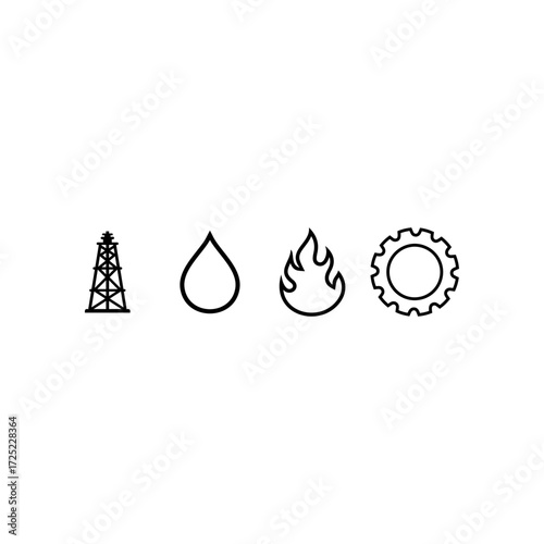 A line of four simple icons representing an oil rig, a drop of liquid, a flame, and a gear, suggesting industry and resources.