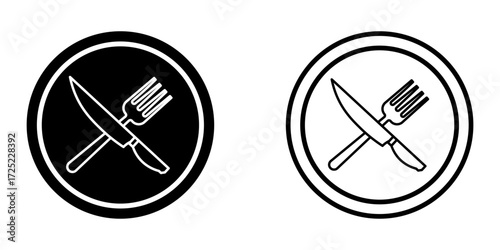 Fork, knife and plate icon set on white background