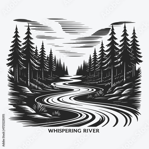 Whispering River Serenity A Stylized Black and White Woodcut Illustration of a Winding Forest River Under a Cloudy Sky