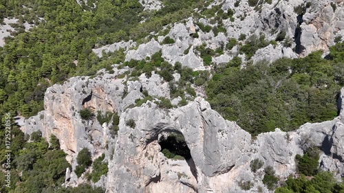 Aerial drone footage of Sa Preta Istampata, Sardinia, Italy – rock arch
