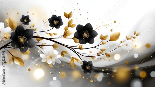 Elegant floral design featuring black and white flowers with golden accents on a soft background