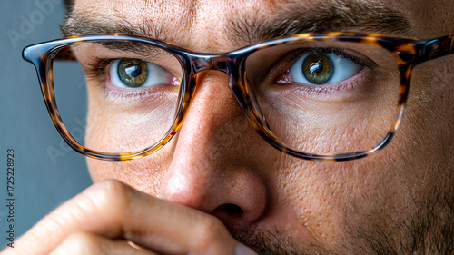 Intense gaze of a person with speckled glasses, conveying thoughtfulness or concern in a close-up portrait.