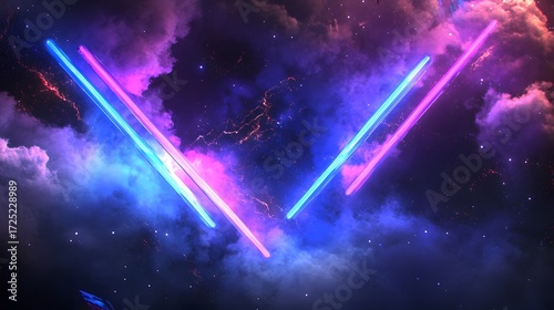 A vibrant cosmic scene showcases intersecting neon lines of pink and blue against a backdrop of swirling clouds and starry nebulae.