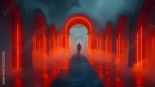 A lone figure walks through a long, arched passageway bathed in vibrant, crimson neon lights, creating a mysterious and evocative atmosphere.