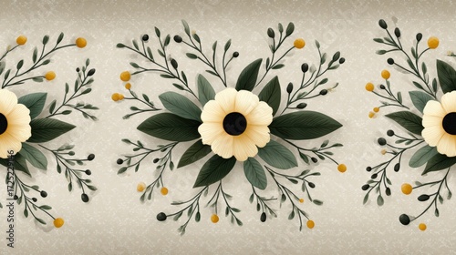Elegant floral design featuring cream-colored flowers and green leaves on a textured background