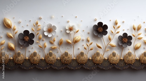 Elegant floral design featuring gold and black flowers on a textured white background