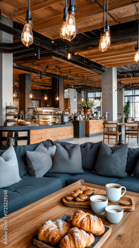 Cafe seating with pastries and coffee. Cozy interior with a bakery case and pendant lighting. Relax and enjoy a treat in style!