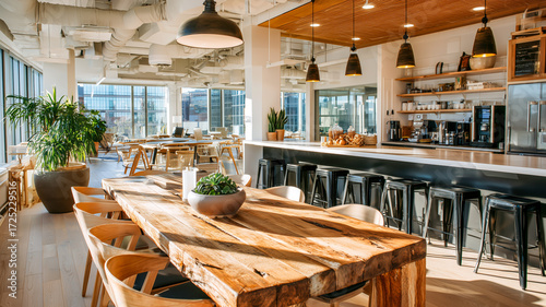 Modern workspace features large communal tables, a kitchen bar, and cityscape views, creating a bright, open office environment.