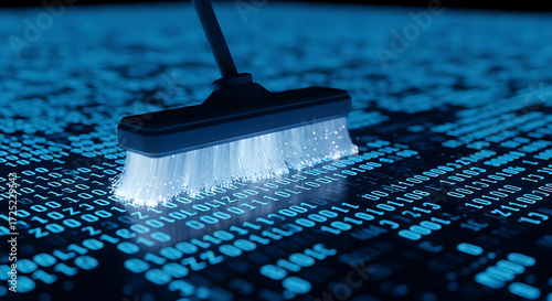 Data cleansing concept, a brush cleaning binary code background.