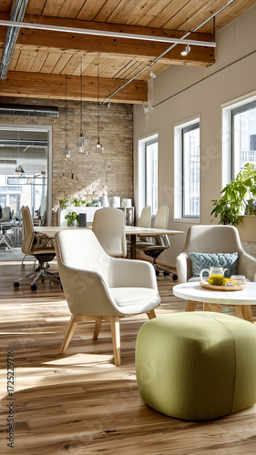A bright, modern office space featuring comfortable seating, natural light, and a wooden beam ceiling for a welcoming work environment.