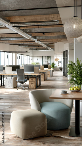Stylish, modern office space featuring open workspace and lounge area, promoting productivity and relaxation in a bright environment.